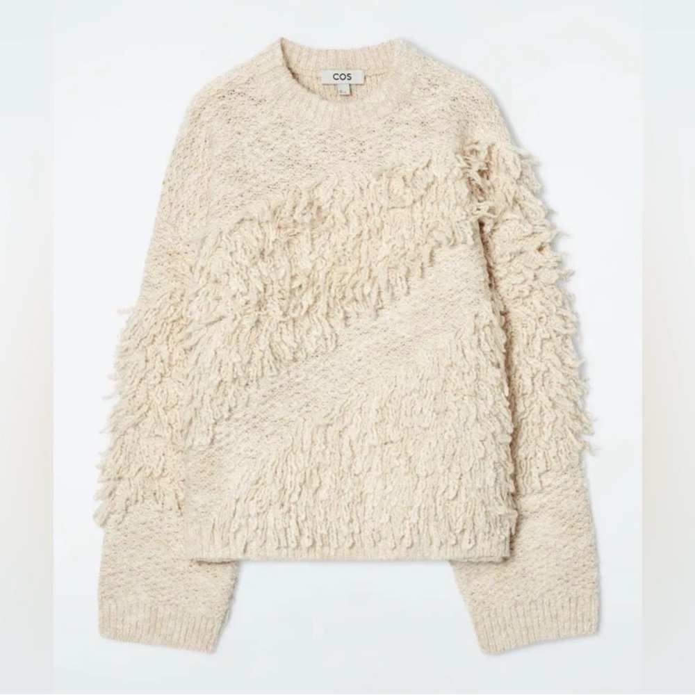 COS Cream Wool Fringe Crewneck Sweater